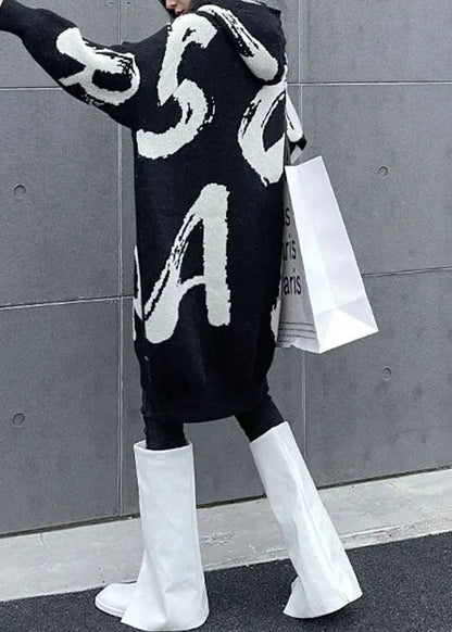 Black Hooded Print Knit Sweater Dress Spring