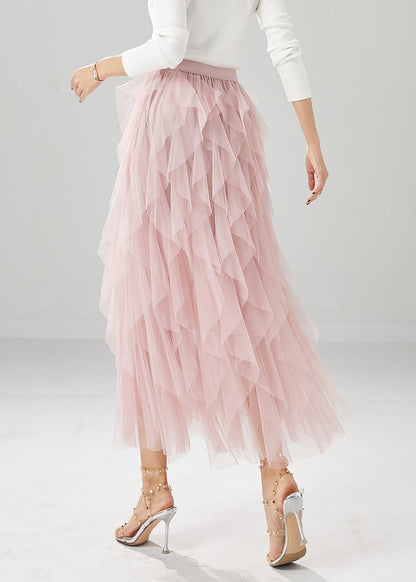 Pink High Waist Ruffles Tulle Skirt Summer