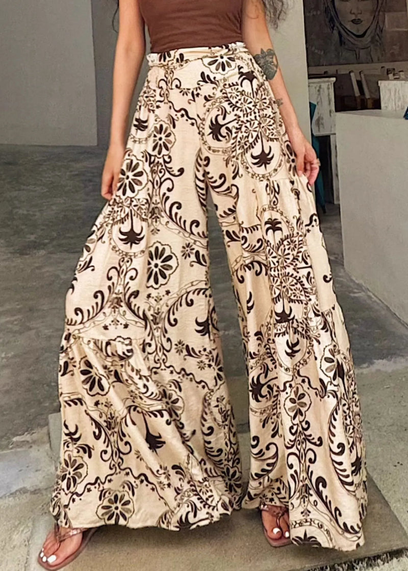 Apricot Print Pockets Cotton Wide Leg Pants Summer