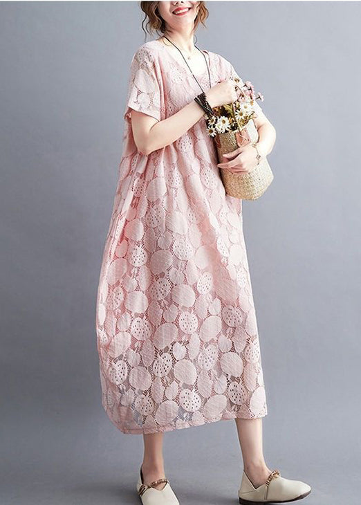 Pink O-neck Embroideried Lace Dress Summer