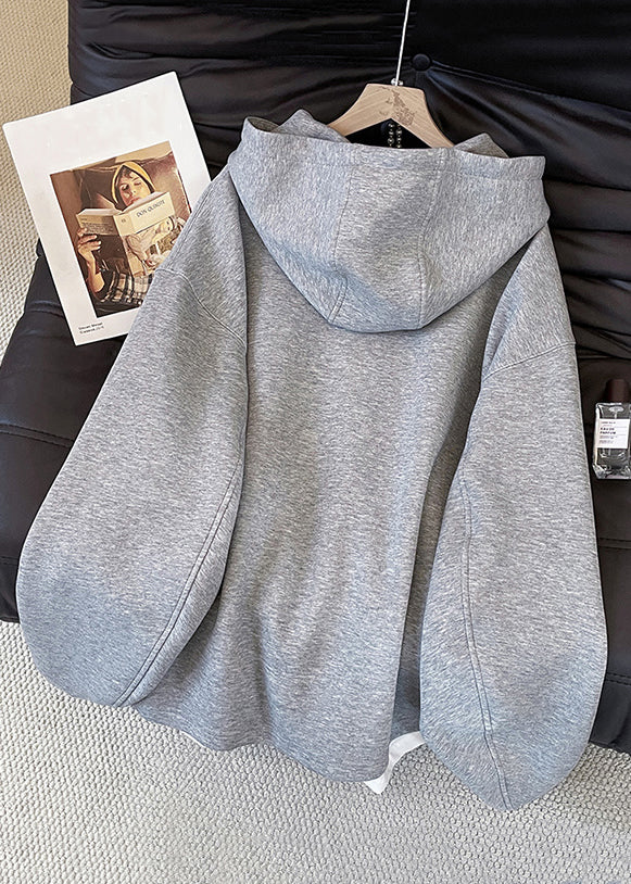Grey Hooded Zippered False Two Pieces Cotton Sweatshirts Top Fall