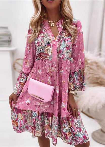 Pink V Neck Print Wrinkled Mid Dresses Fall