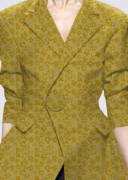 Natural Yellow Button Peter Pan Collar Print Western-style Clothes Coat Long Sleeve