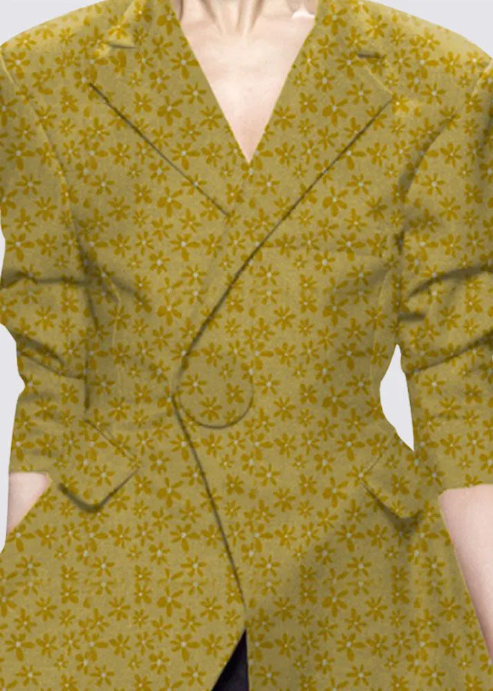 Natural Yellow Button Peter Pan Collar Print Western-style Clothes Coat Long Sleeve