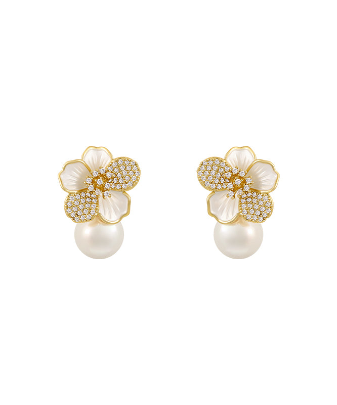 White Sterling Silver Overgild Zircon Pearl Stud Earrings