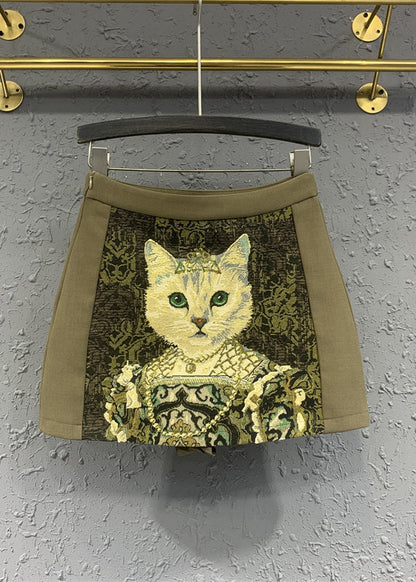 Versatile Coffee Animal Embroidered Cotton Skirts Autumn