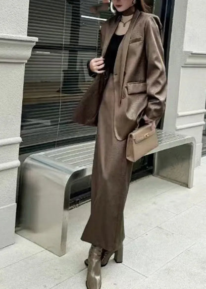 Black Notched Tie Waist Satin Coats and Maxi Skirts Two Pieces Set Spring