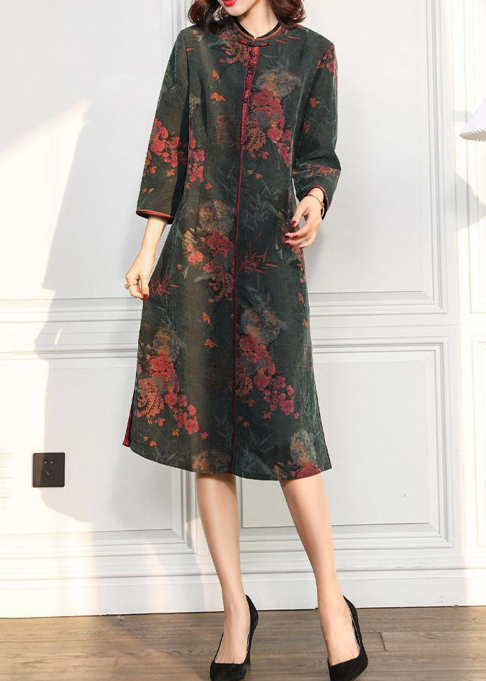 Green O Neck Side Open Print Silk Dress Bracelet Sleeve