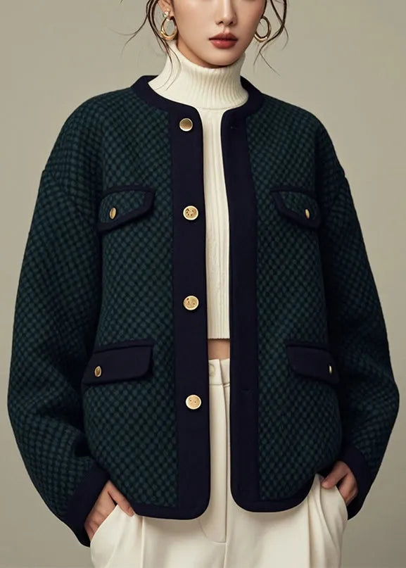 Loose Green O-neck Button Cotton Coats Fall
