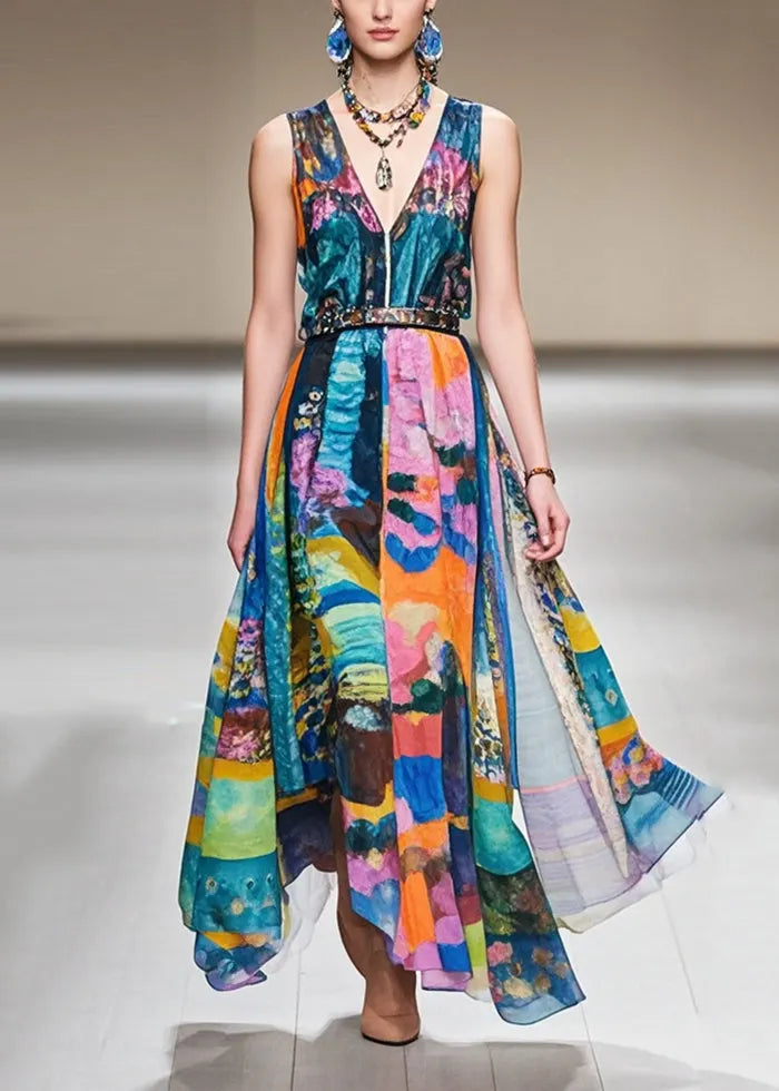 Cinched Print Exra Large Hem Chiffon Dresses Sleeveless