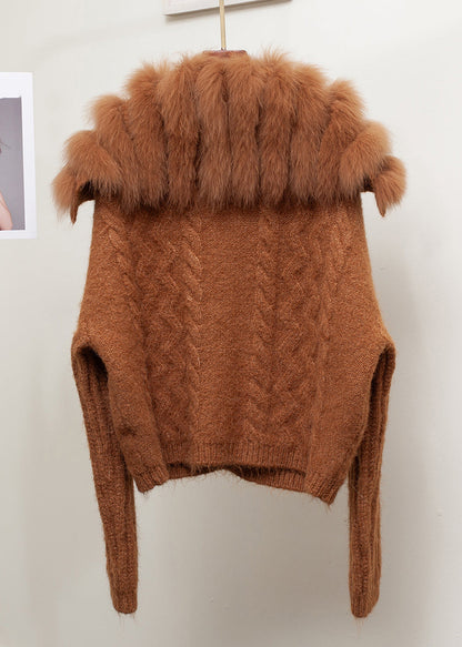 Loose Brown Sailor Collar Fox Collar Patchwork Cable Knit Coat Fall