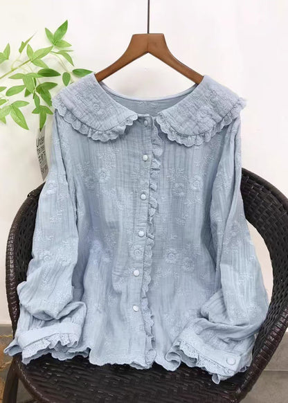 Blue Embroidered Cotton Shirt Top Fall