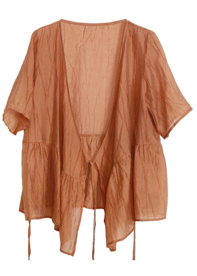 Orange V Neck Patchwork Linen Top