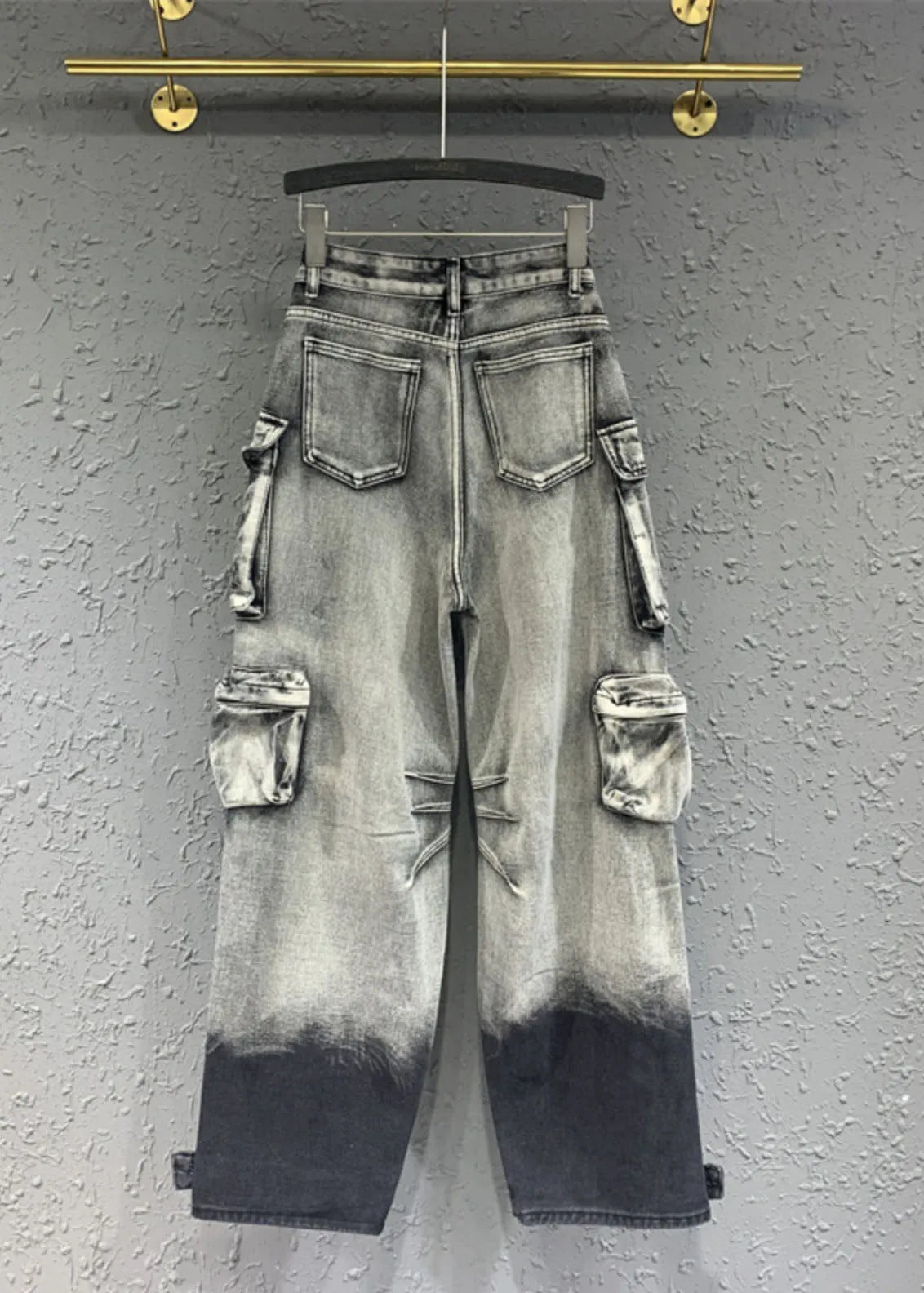Gradient Color Grey Pockets Patchwork Straight Jeans Spring