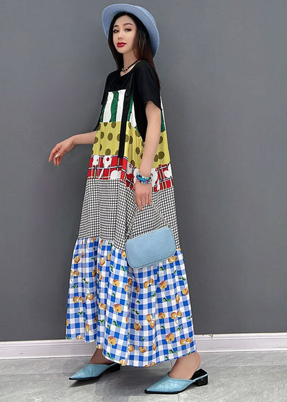 Purple O-neck Patchwork Print Cotton Strap Long Dresses Short Sleeve