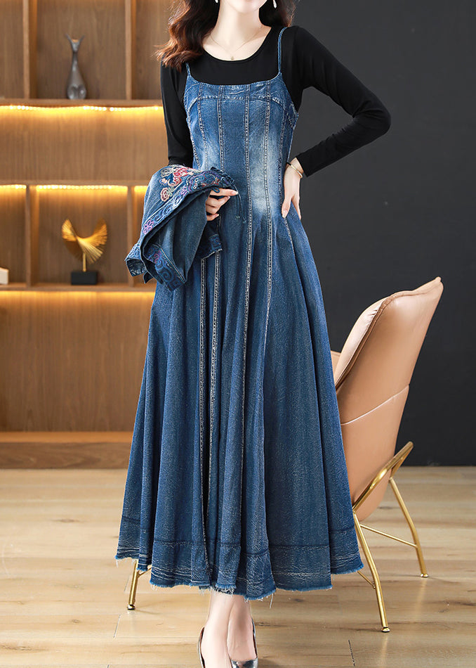 Blue Wrinkled Embroideried Patchwork Denim Three Pieces Set Fall