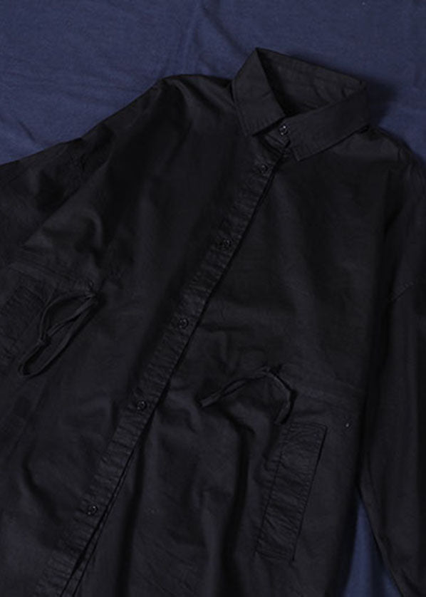 Black Pockets Cotton Loose Shirt Dresses Color Drawstring Long Sleeve