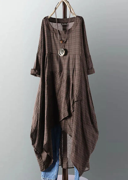 New Yellow O Neck Asymmetrical Plaid Cotton Dress Summer