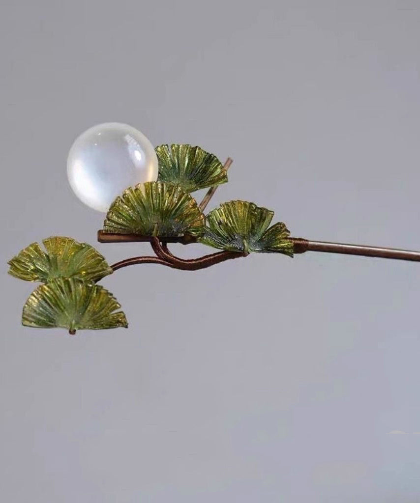 Brown Wooden Fan Transparent Beads Hairpin