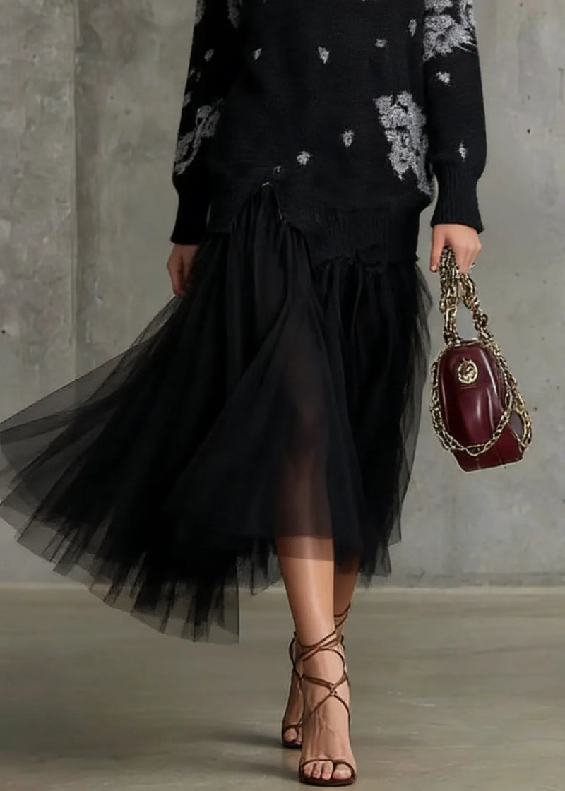 Stylish Black O Neck Print Tulle Patchwork Long Knit Dress Spring