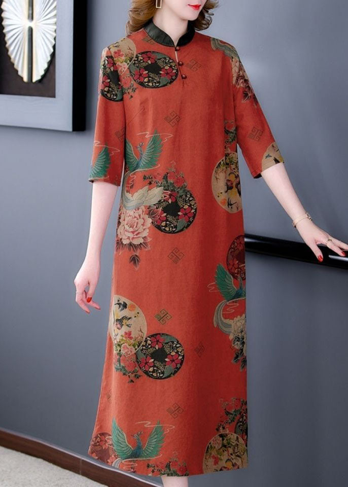 Red Stand Collar Print Silk a Line Dress Half Sleeve
