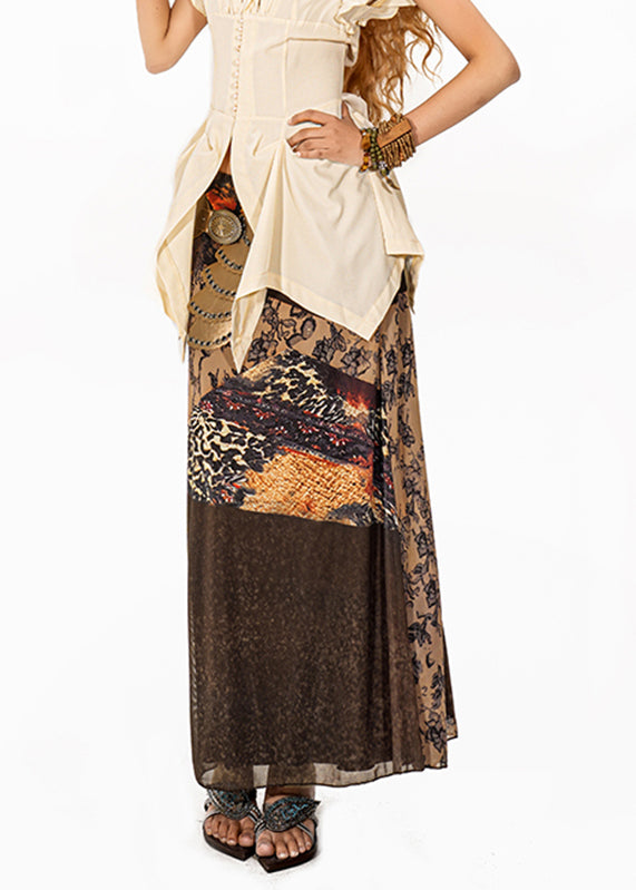 Fine Coffee Print High Waist Tulle a Line Skirt Summer