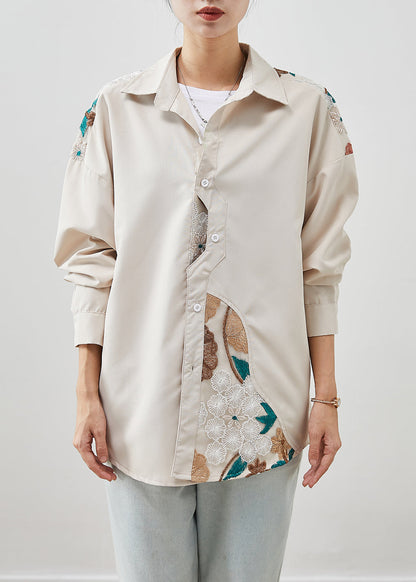 Beige Patchwork Cotton Shirts Embroideried Fall