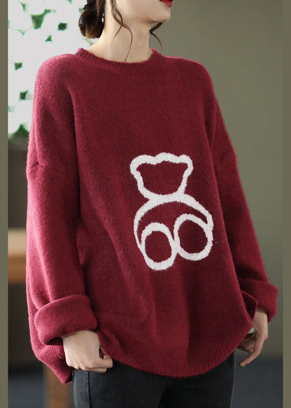 Loose Red O-neck Print Woolen Sweaters Spring