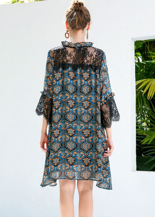 Blue Print Ruffled Lace Patchwork Hollow Out Chiffon Dresses Summer