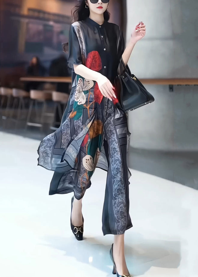 Grey Button Print Silk Two Pieces Set O-neck Short Sleeve