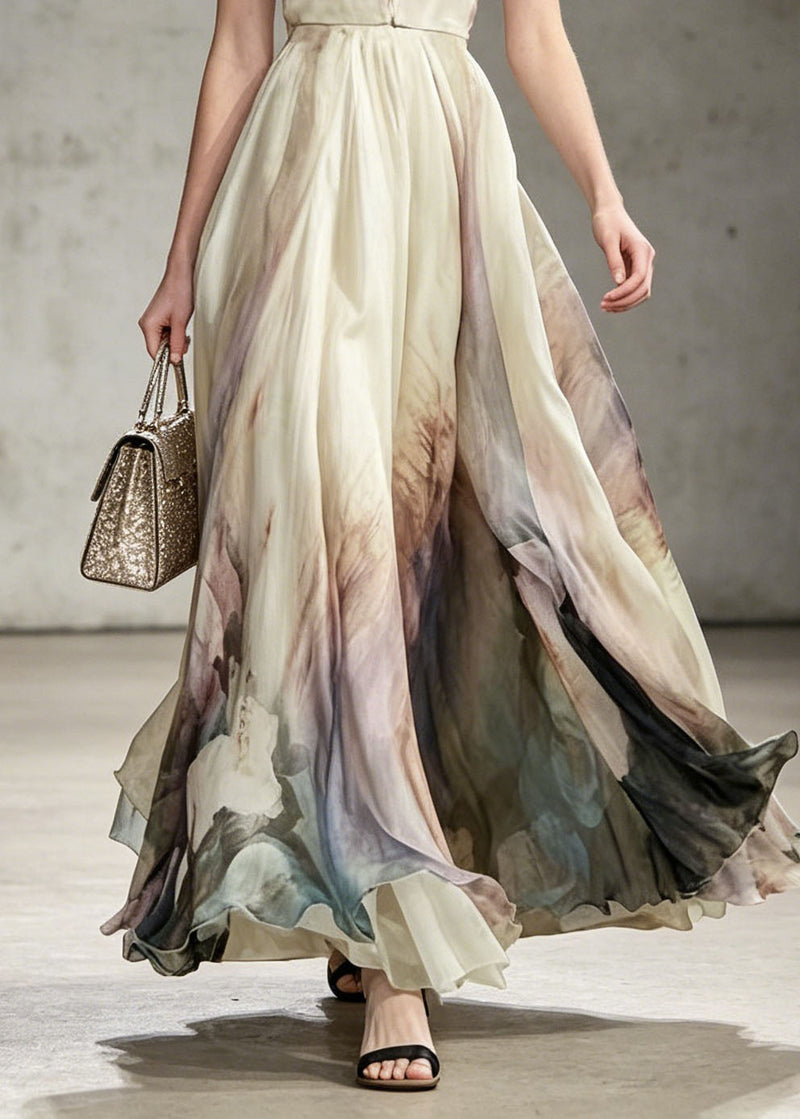V Neck Tie Dye Chiffon Maxi Dresses Sleeveless