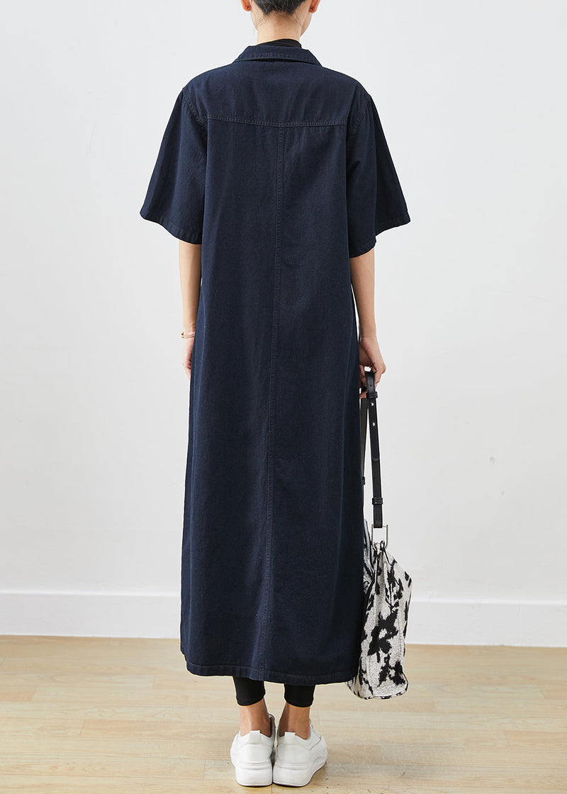 Silm Fit Navy Button Down Cotton a Line Dresses Short Sleeve