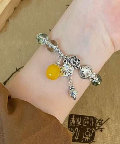 Silk Sterling Silver Crystal Little Fish Playing With Lotus Tassel Charm Bracelet