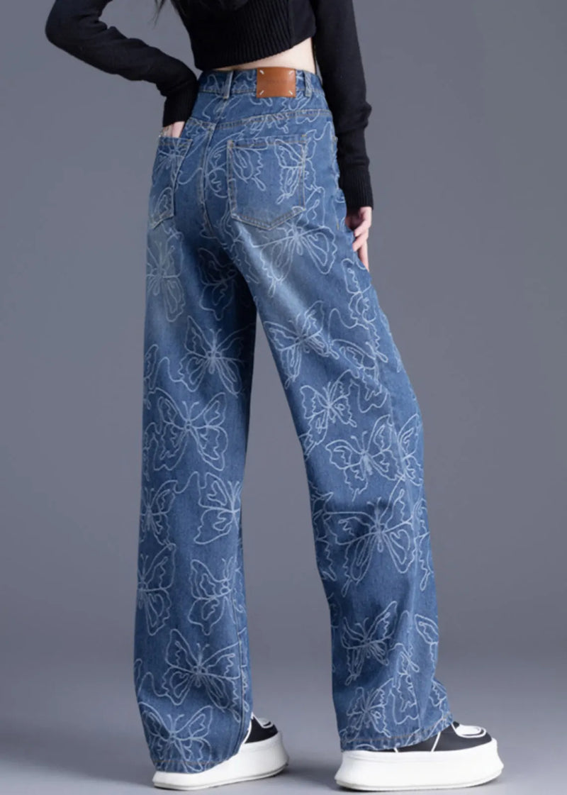 Italian Blue High Waist Print Denim Straight Pants Trousers Summer