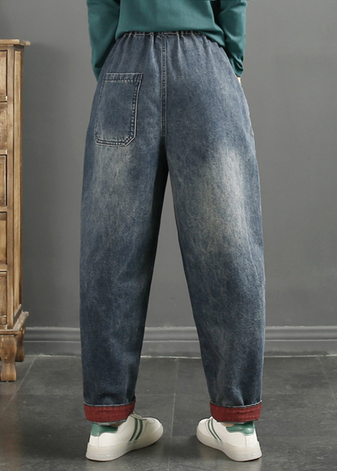 Navy Embroideried Patchwork Denim Pants Spring
