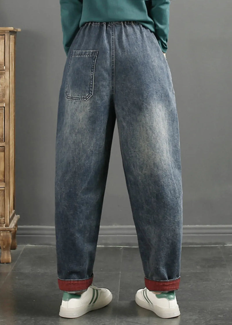 Navy Embroideried Patchwork Denim Pants Spring