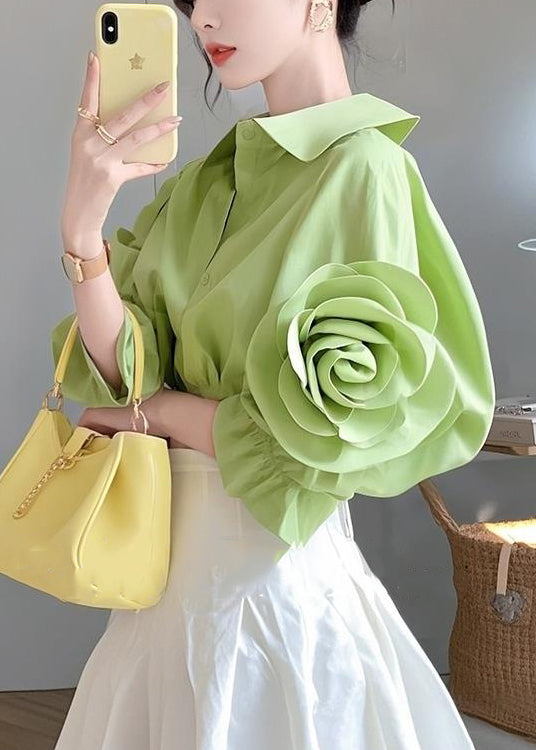 Green Peter Pan Collar Button Cotton Blouses Half Sleeve Fall