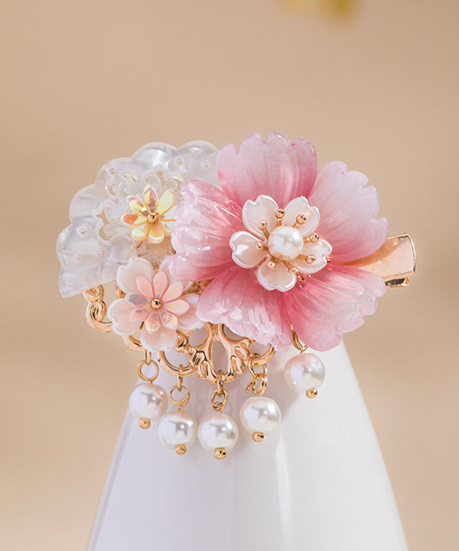 Style Pink Copper Overgild Pearl Resin Tassel a Pair Hairpin