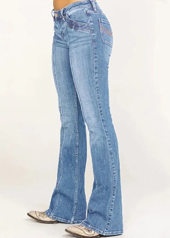 New Denim Blue Button Pockets Flare Bottoms Summer