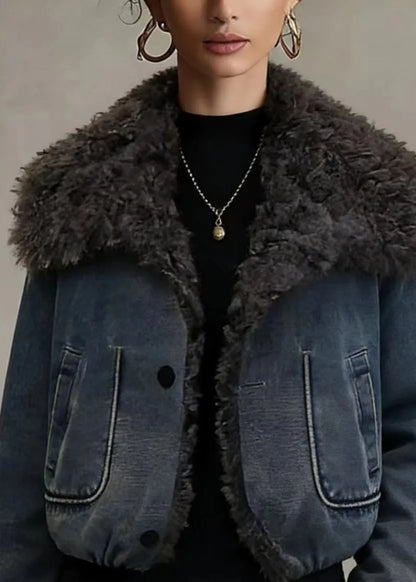 Stylish Blue Teddy Faux Fur Patchwork Fine Cotton Filled Jacket Winter