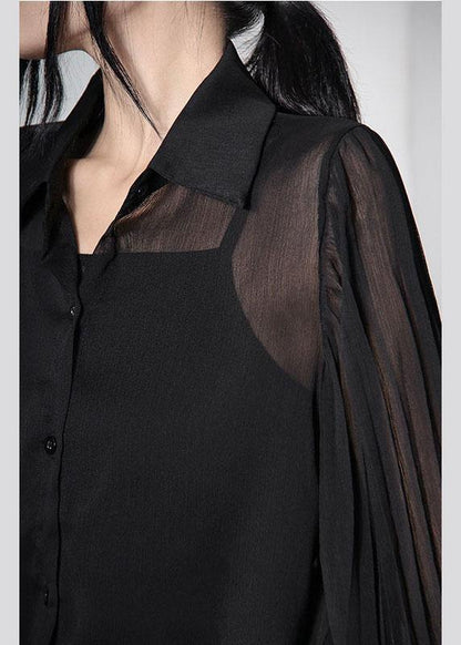 Fitted Black Peter Pan Collar Flare Sleeve Summer Shirt Top
