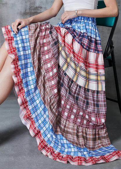 Colorblock Patchwork Cotton Skirts Plaid Exra Large Hem Summer