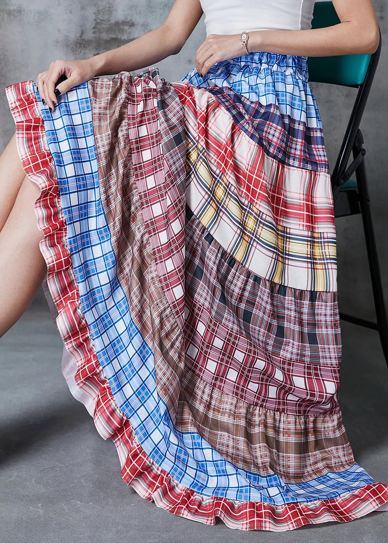 Colorblock Patchwork Cotton Skirts Plaid Exra Large Hem Summer
