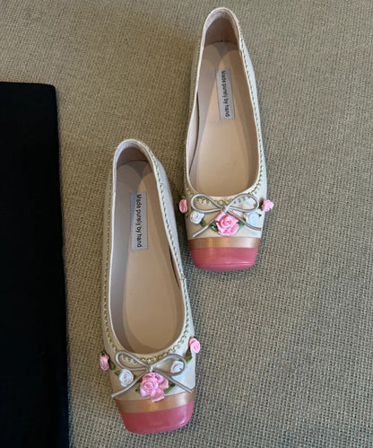 Pink Embroidered Splicing French Flat Shoes for