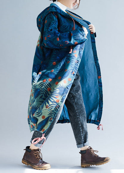 Italian Navy Drawstring Print Hooded Coat Spring