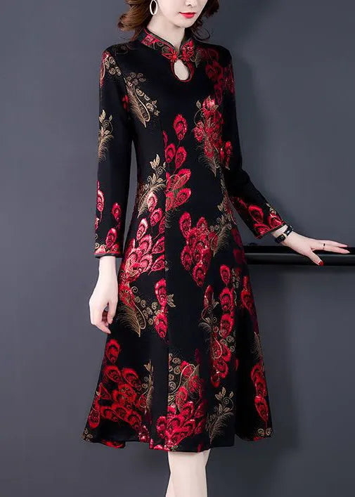 New Red Stand Collar Print Silk Velour Dress Long Sleeve