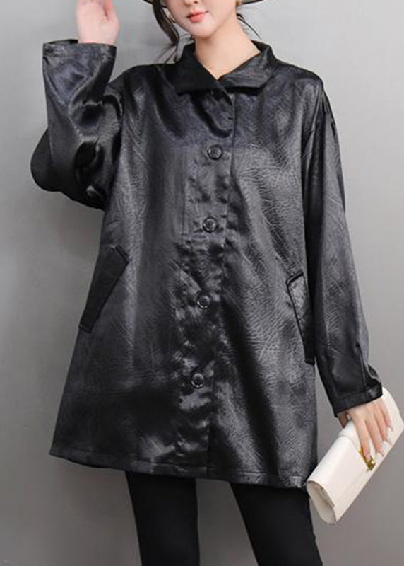 Simple Black Button Silk Shirt Spring