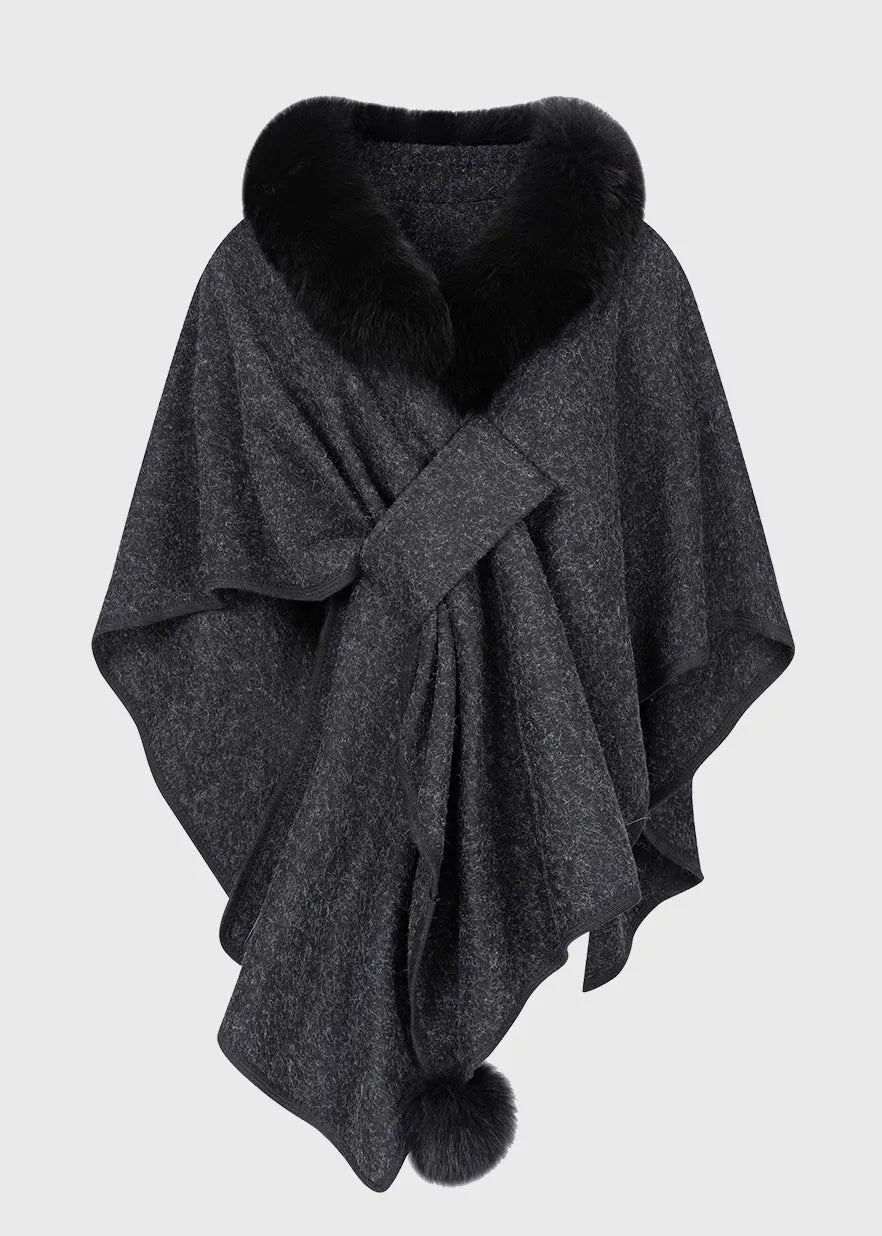 Dark Grey Fur Collar Coats Batwing Sleeve