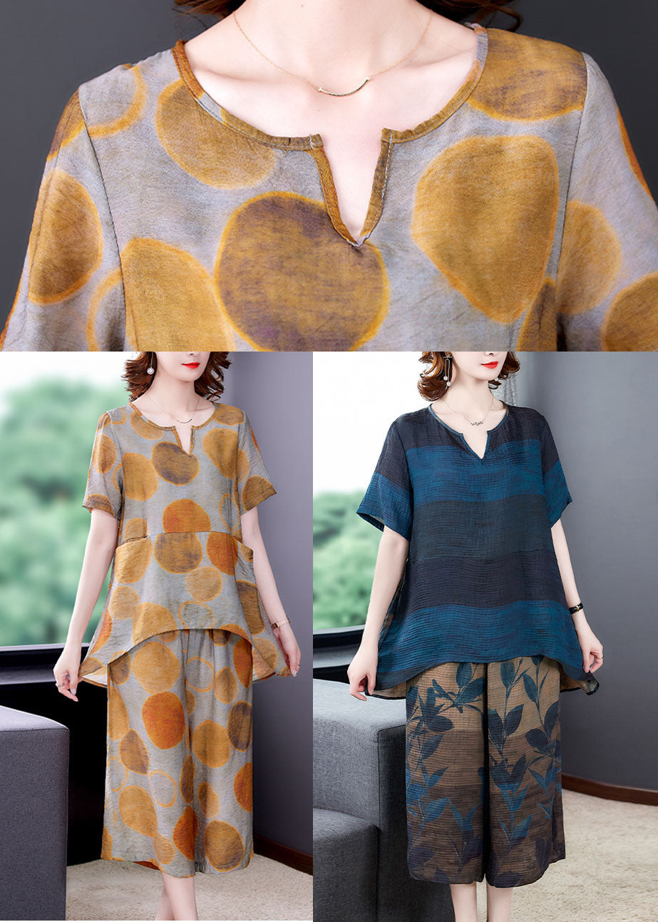 Blue Print Silk Top and Crop Pant Two-piece Set Low High Design Summer