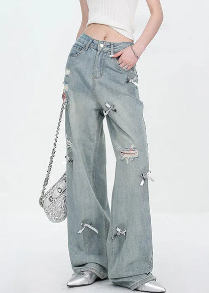 New Blue Bow Hole High Waist Denim Pants Fall